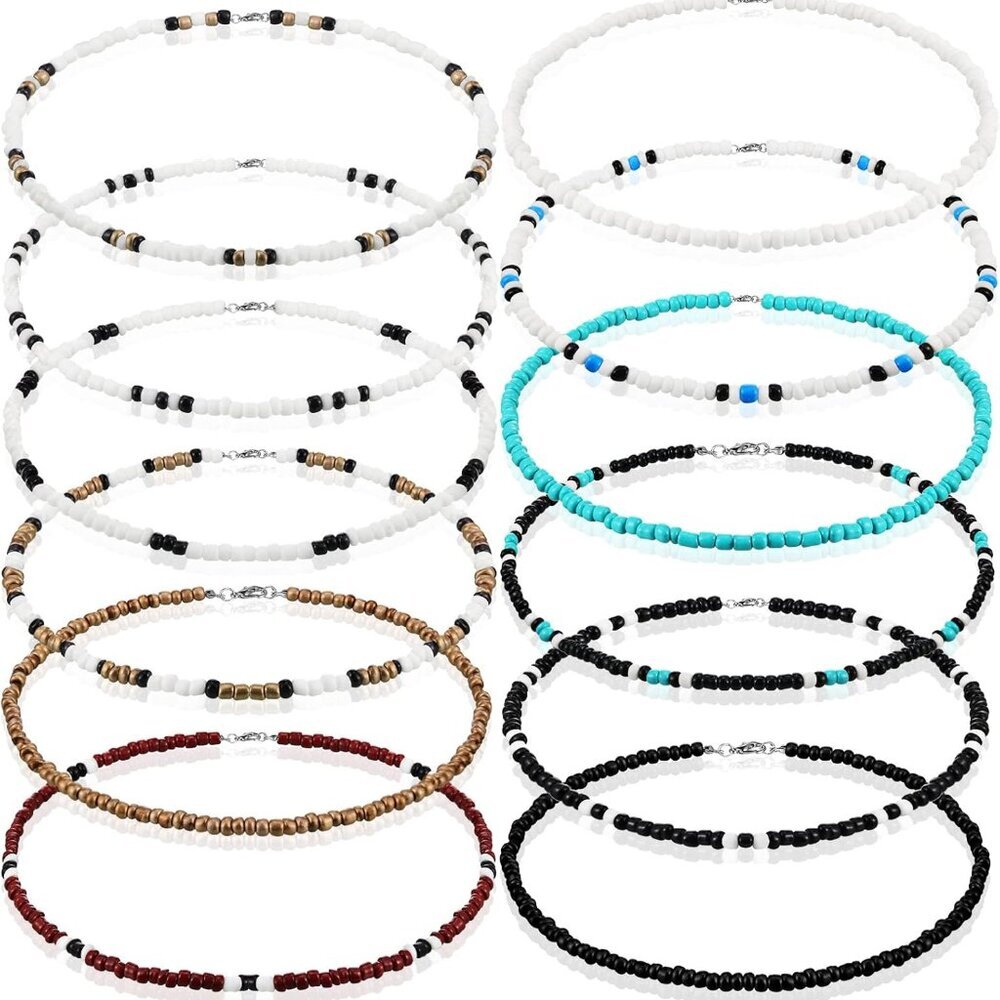 12 Pcs Puka Shell Necklace Beach Surfer Beaded Necklace Summer Surfer Chokers fo